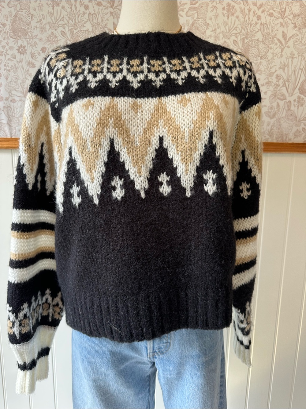 RD Style Black Cream Fair Isle Crewneck Sweater - Picture 4 of 8
